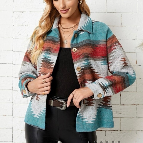 Emery Rose L Drop Shoulder Aztec Print Shacket Wool Blend Western Boho Festival - Picture 1 of 10